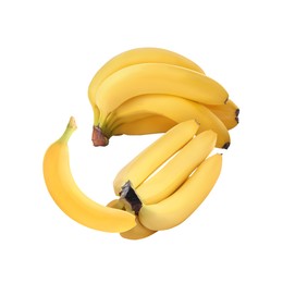 Image of Many yellow bananas in air on white background