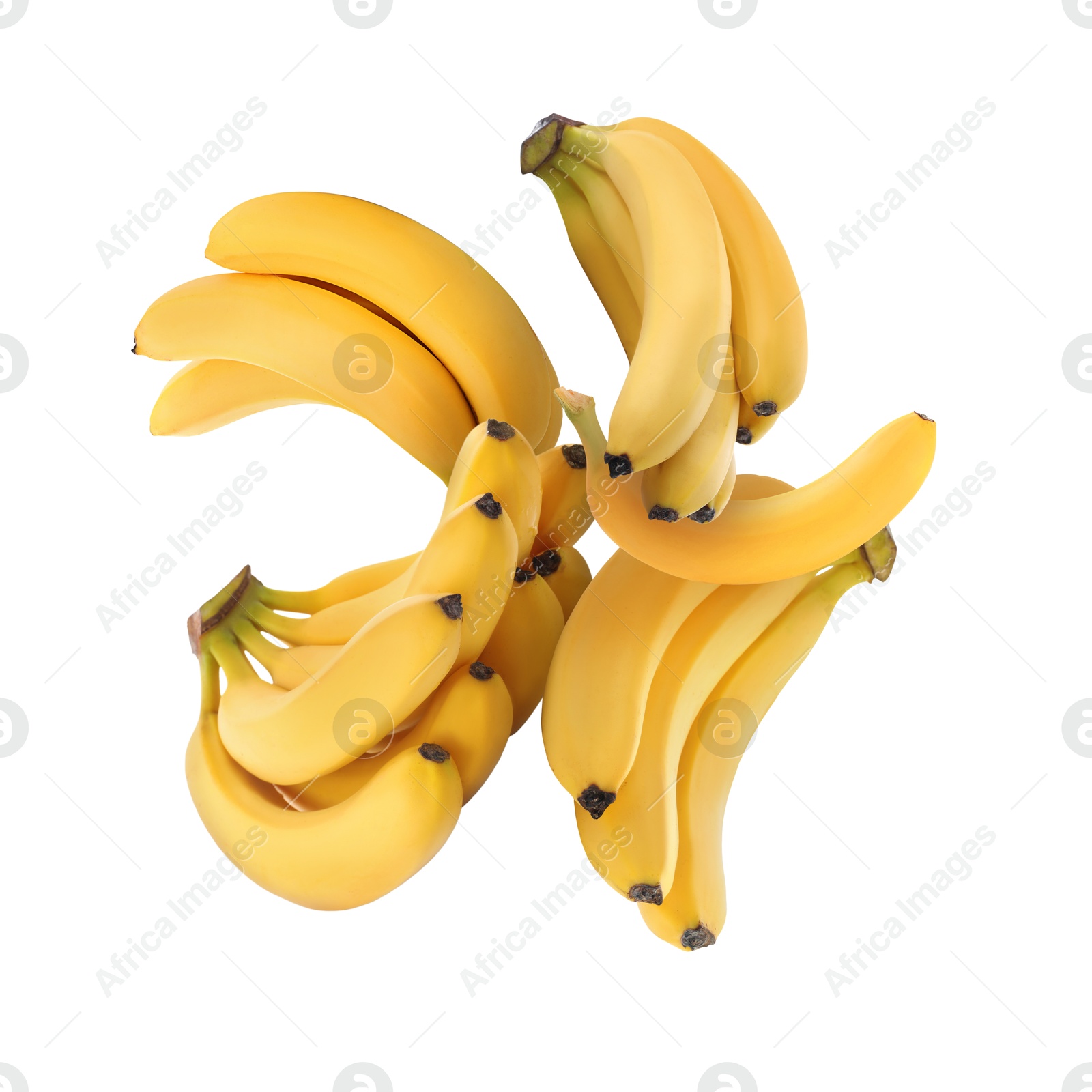 Image of Many yellow bananas in air on white background