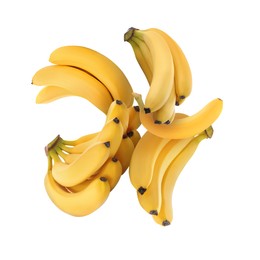 Image of Many yellow bananas in air on white background