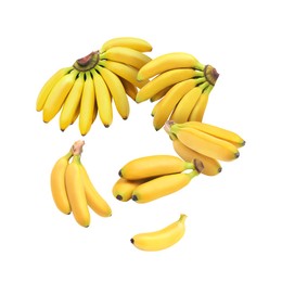 Image of Many yellow bananas in air on white background