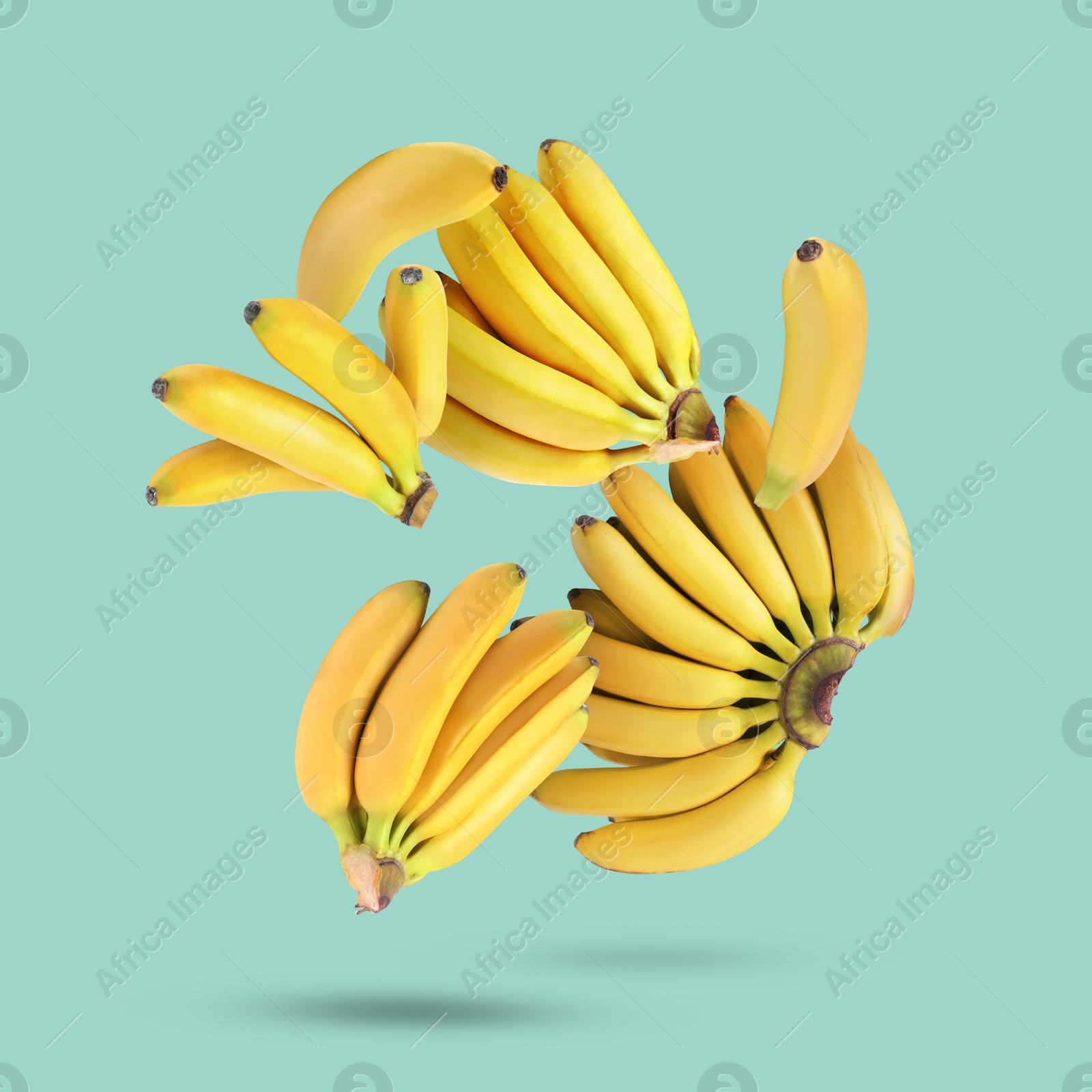 Image of Many yellow bananas falling on turquoise background