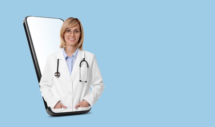 Online medical consultation. Doctor on smartphone screen against light blue background. Banner design with space for text