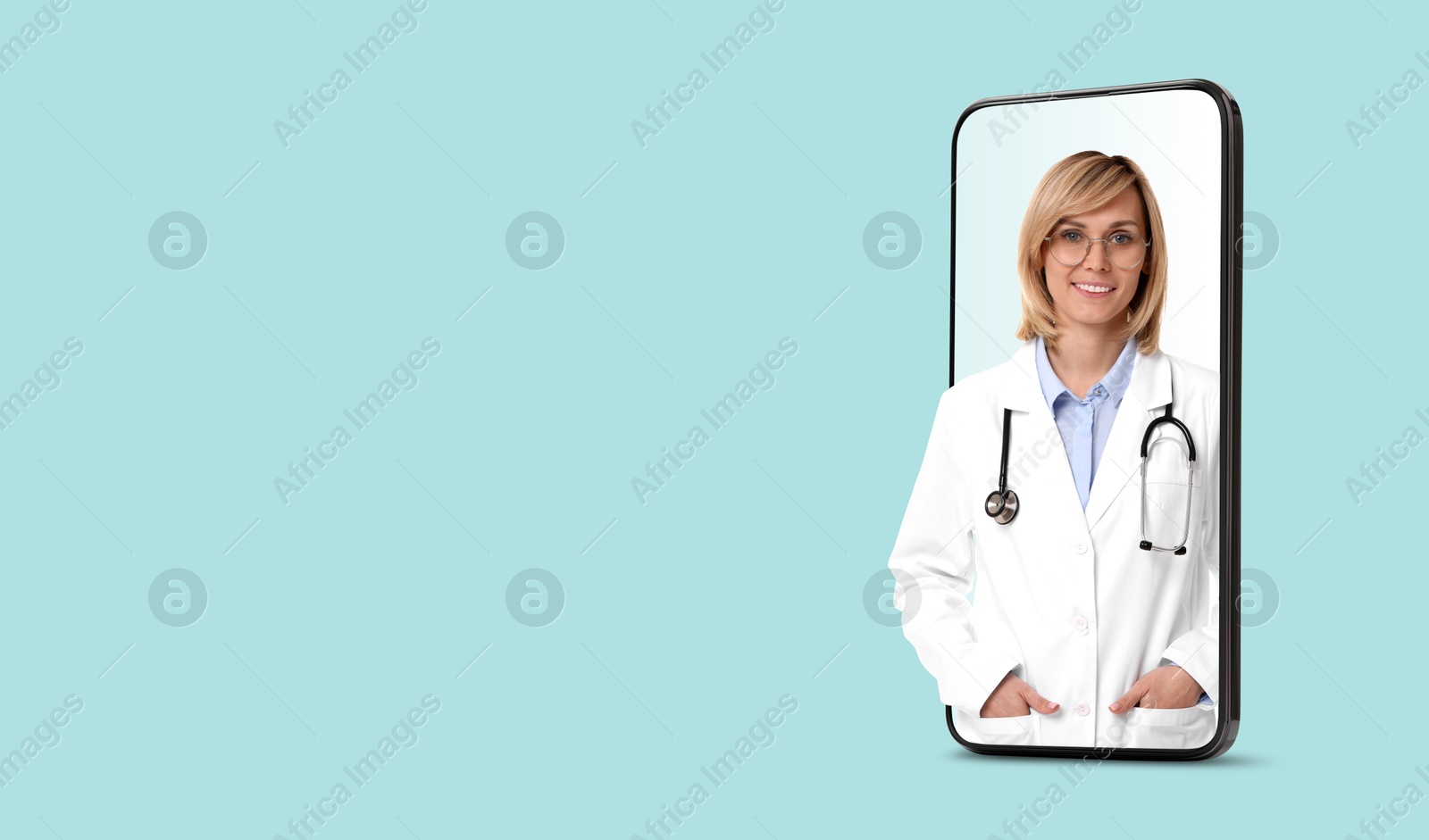 Image of Online medical consultation. Doctor on smartphone screen against light blue background. Banner design with space for text