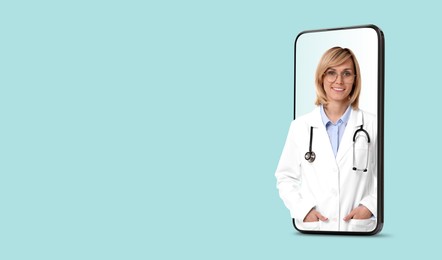 Image of Online medical consultation. Doctor on smartphone screen against light blue background. Banner design with space for text