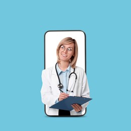 Online medical consultation. Doctor with clipboard on smartphone screen against light blue background