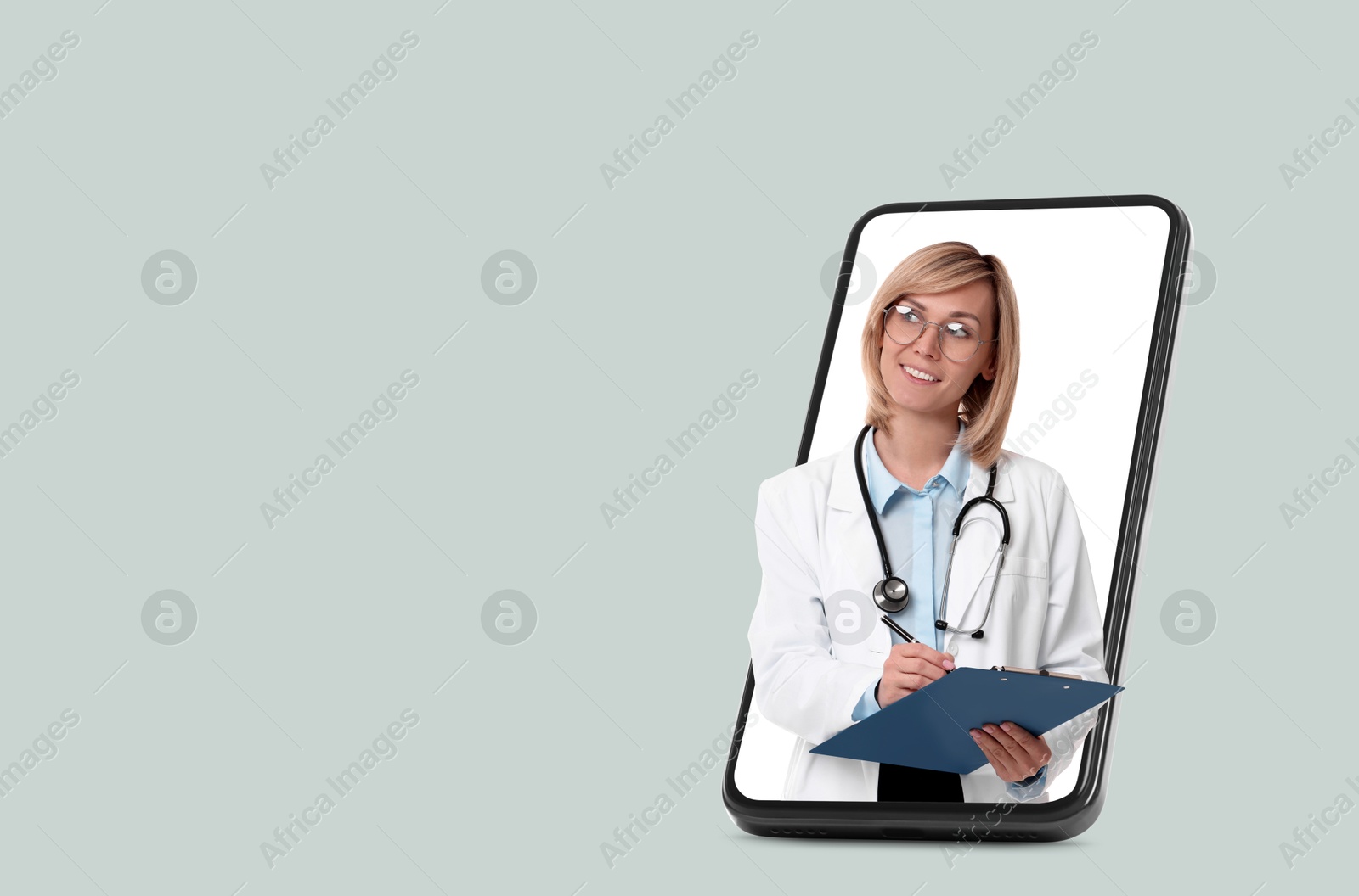 Image of Online medical consultation. Doctor with clipboard on smartphone screen against light grey background, space for text