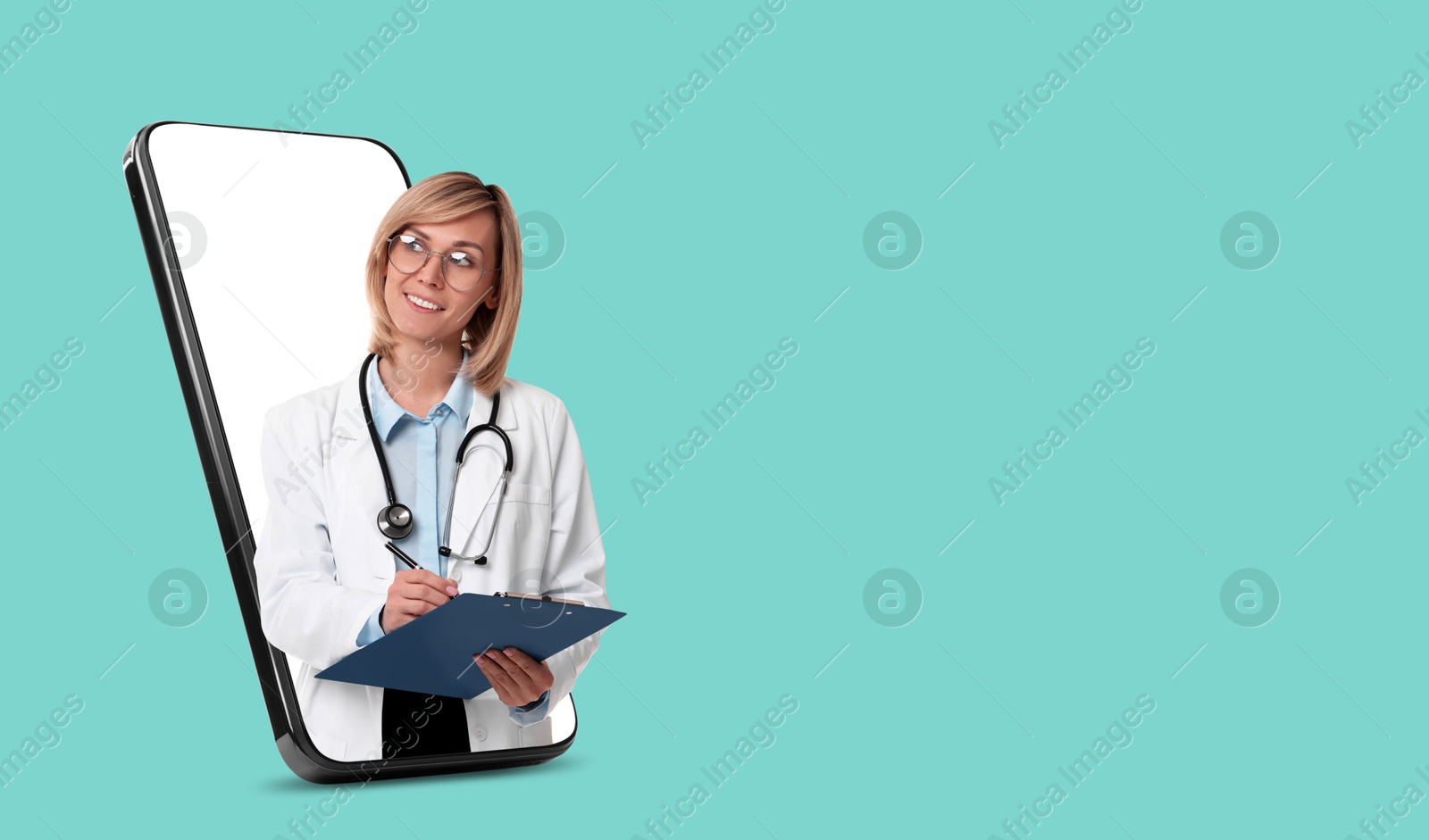 Image of Online medical consultation. Doctor with clipboard on smartphone screen against turquoise background. Banner design with space for text