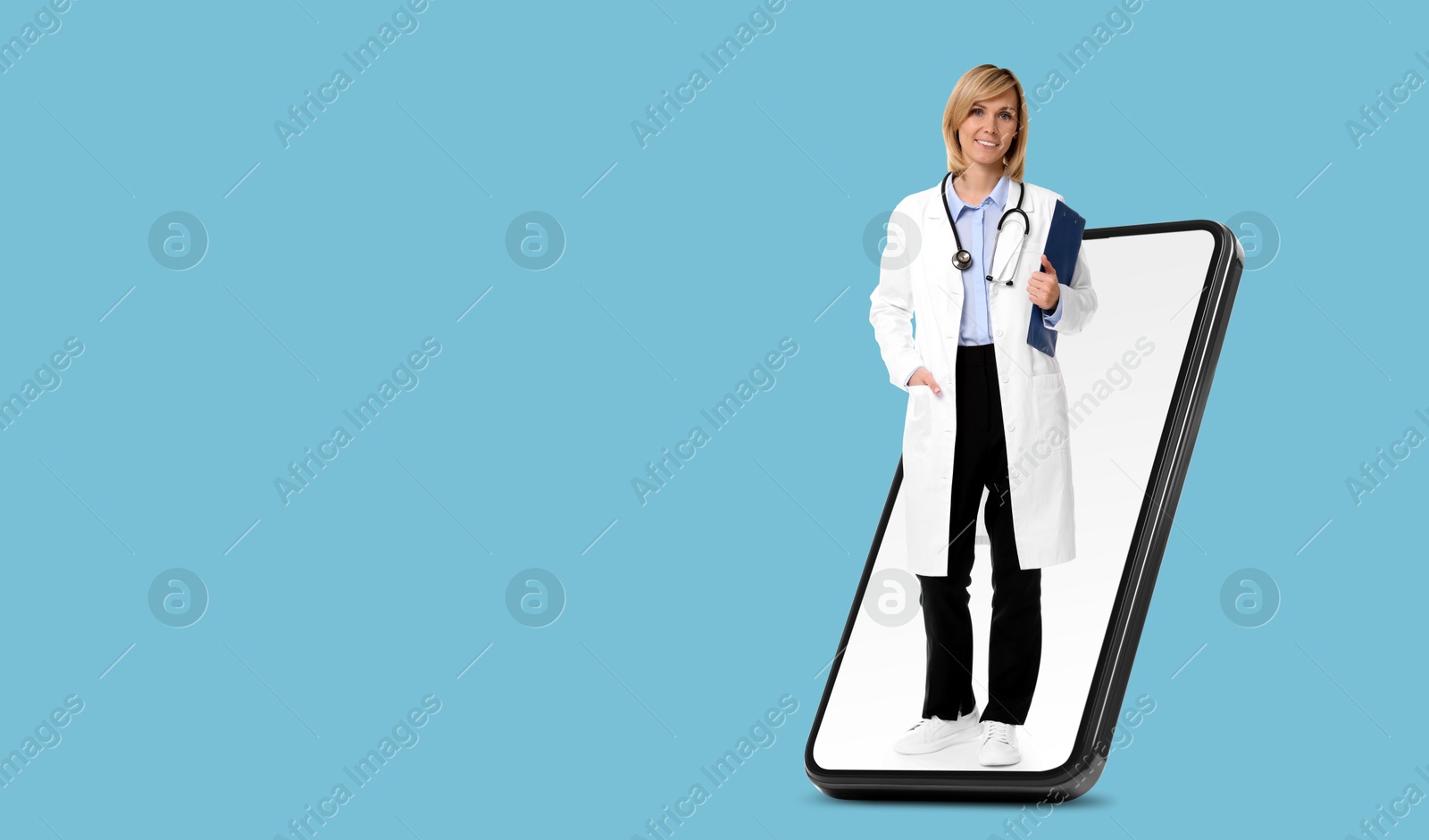 Image of Online medical consultation. Doctor with clipboard on smartphone screen against light blue background. Banner design with space for text