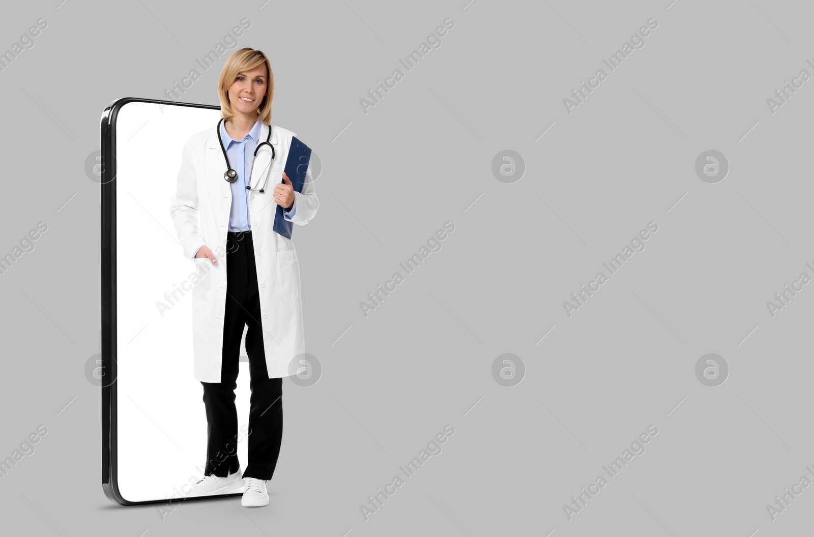 Image of Online medical consultation. Doctor with clipboard on smartphone screen against light grey background, space for text