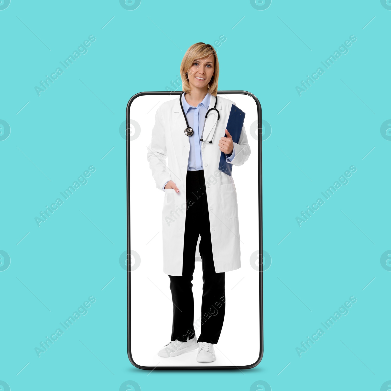 Image of Online medical consultation. Doctor with clipboard on smartphone screen against turquoise background