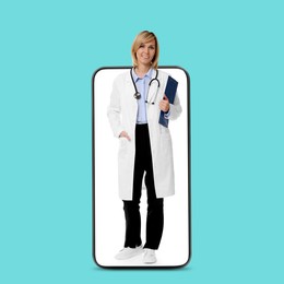 Image of Online medical consultation. Doctor with clipboard on smartphone screen against turquoise background