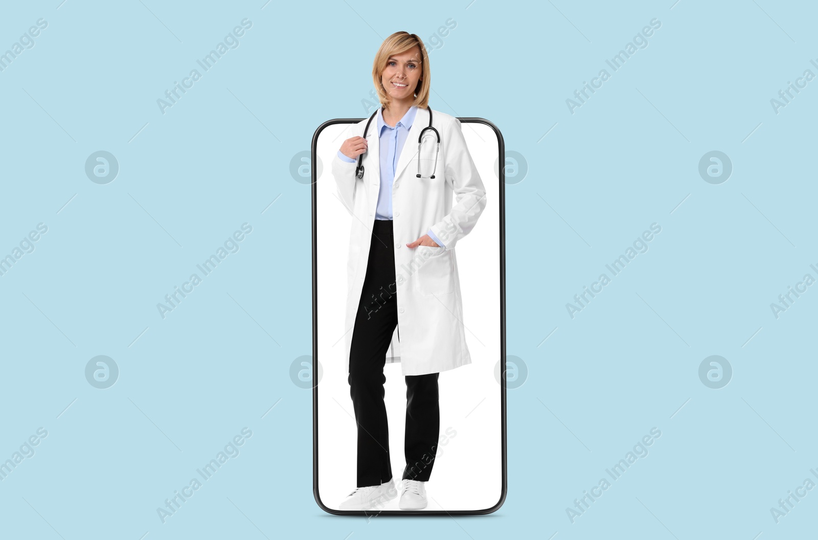 Image of Online medical consultation. Doctor on smartphone screen against light blue background