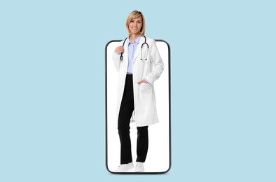 Online medical consultation. Doctor on smartphone screen against light blue background