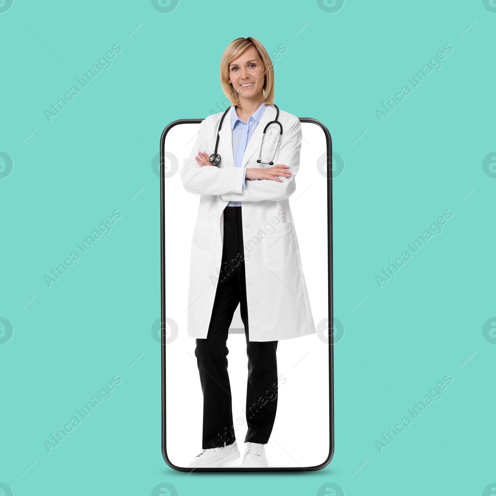 Image of Online medical consultation. Doctor on smartphone screen against turquoise background