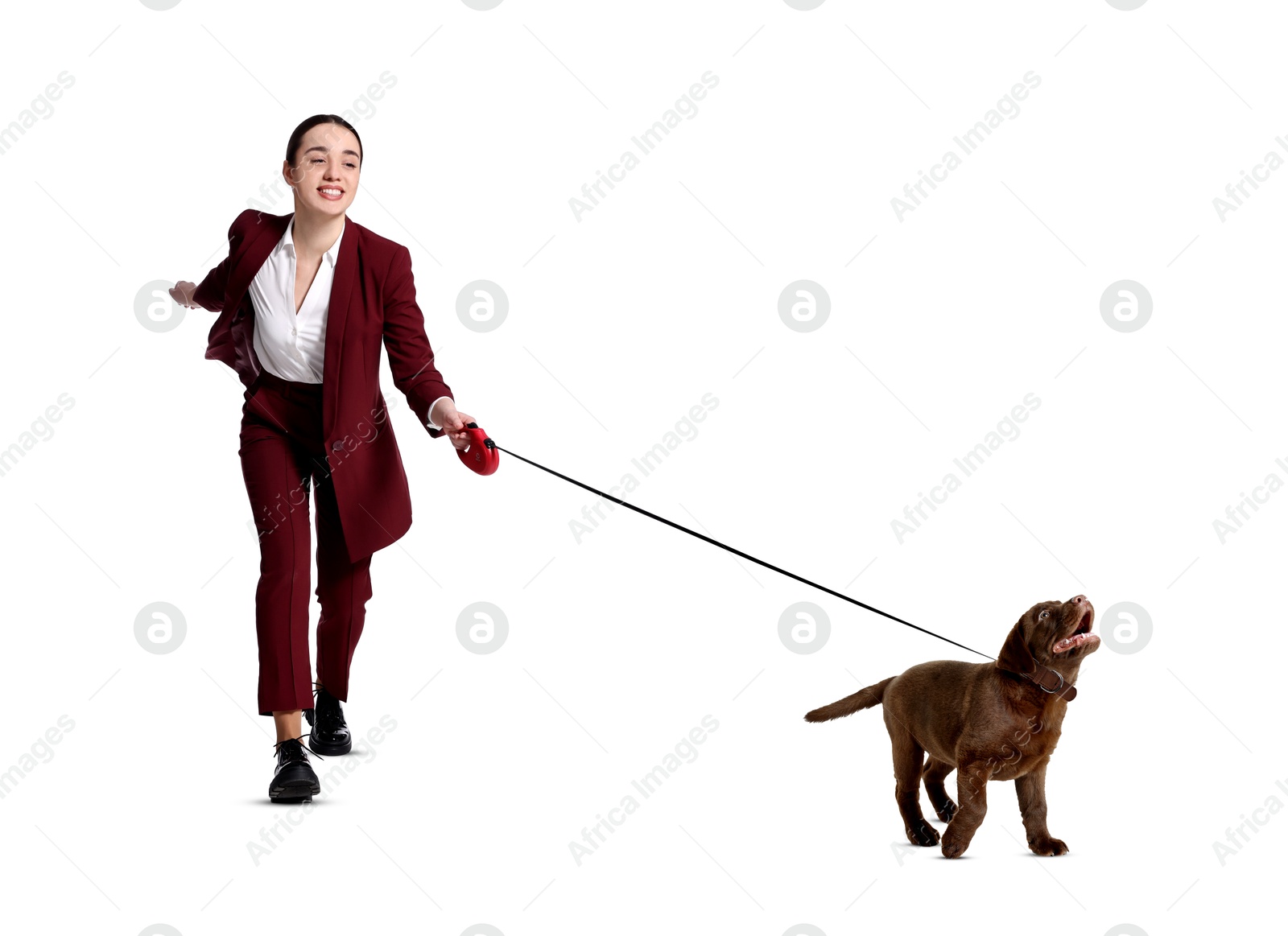 Image of Happy businesswoman walking her dog on white background