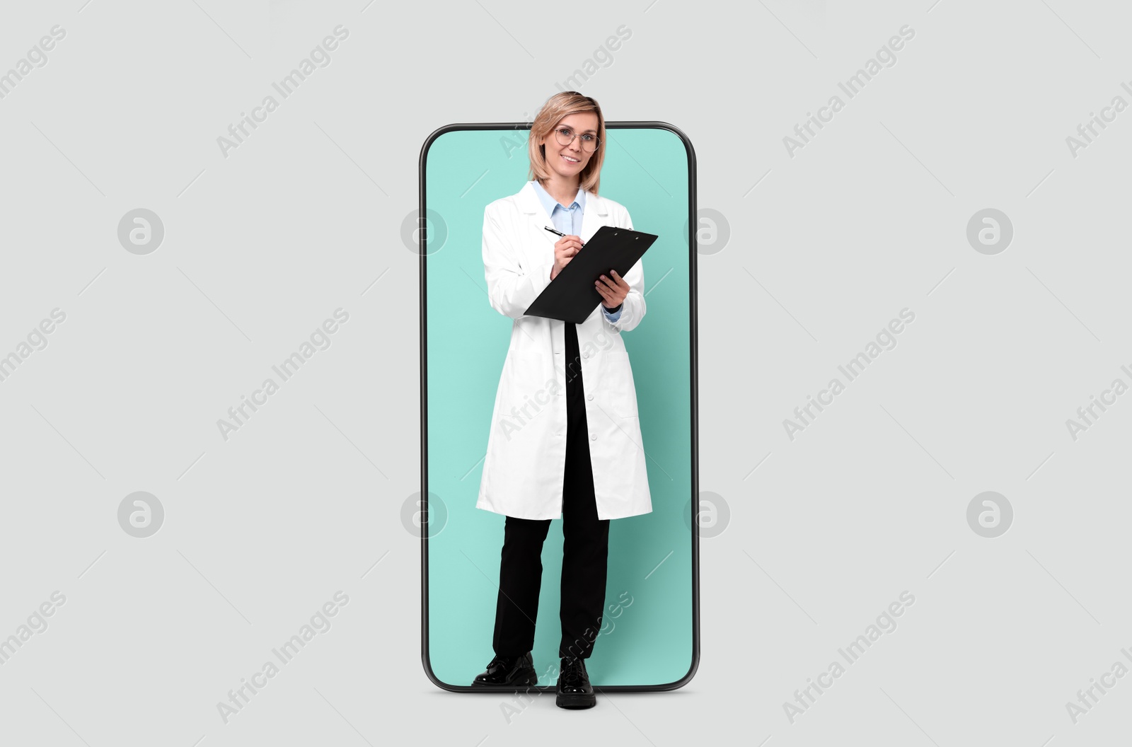 Image of Online medical consultation. Doctor with clipboard on smartphone screen against light grey background