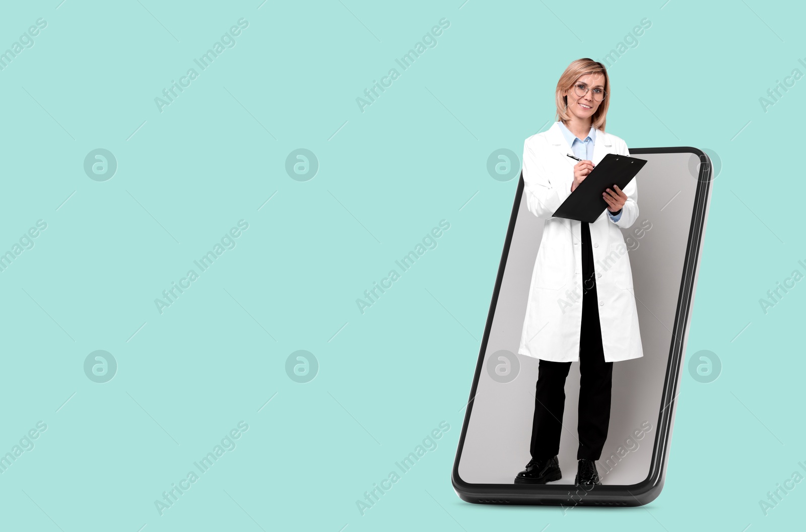 Image of Online medical consultation. Doctor with clipboard on smartphone screen against light blue background, space for text