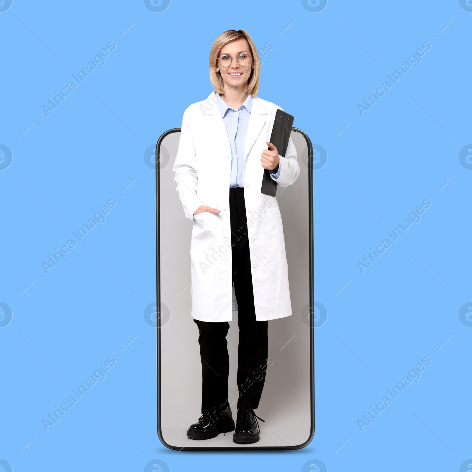 Image of Online medical consultation. Doctor with clipboard on smartphone screen against light blue background