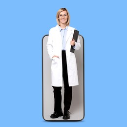 Online medical consultation. Doctor with clipboard on smartphone screen against light blue background