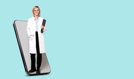 Image of Online medical consultation. Doctor with clipboard on smartphone screen against light blue background. Banner design with space for text