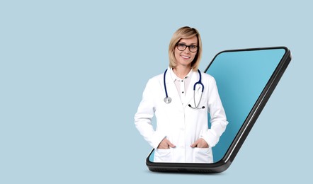 Online medical consultation. Doctor on smartphone screen against light blue background. Banner design with space for text