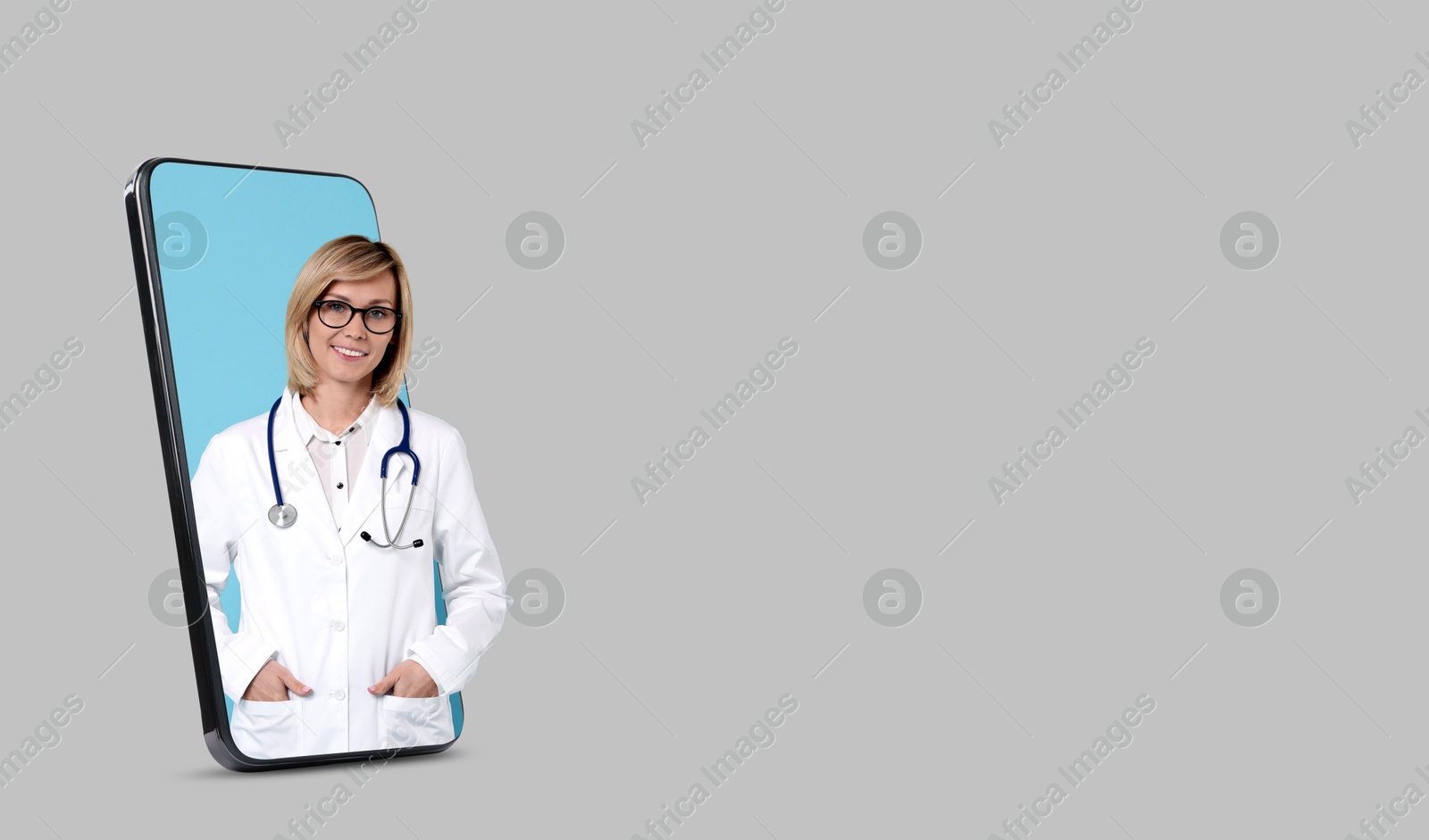 Image of Online medical consultation. Doctor on smartphone screen against light grey background. Banner design with space for text