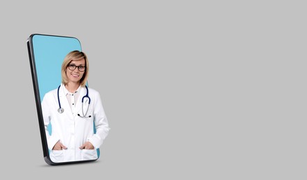 Image of Online medical consultation. Doctor on smartphone screen against light grey background. Banner design with space for text