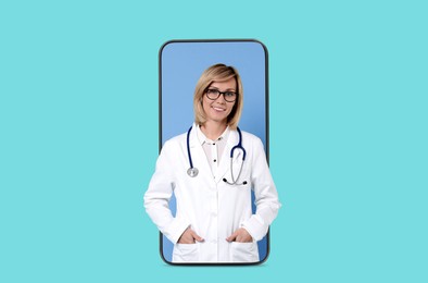 Online medical consultation. Doctor on smartphone screen against light blue background