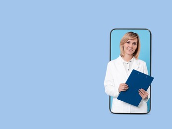 Online medical consultation. Doctor with clipboard on smartphone screen against light blue background, space for text