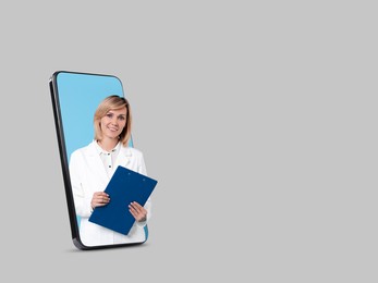 Online medical consultation. Doctor with clipboard on smartphone screen against light grey background, space for text