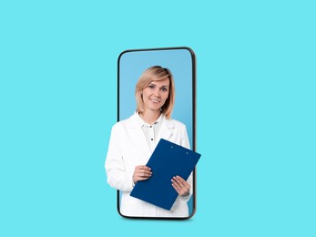 Online medical consultation. Doctor with clipboard on smartphone screen against light blue background