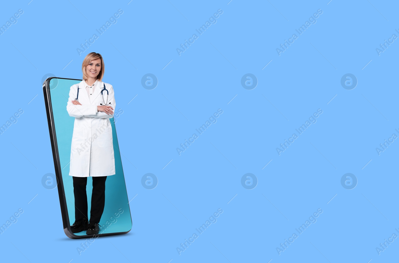 Image of Online medical consultation. Doctor on smartphone screen against light blue background, space for text