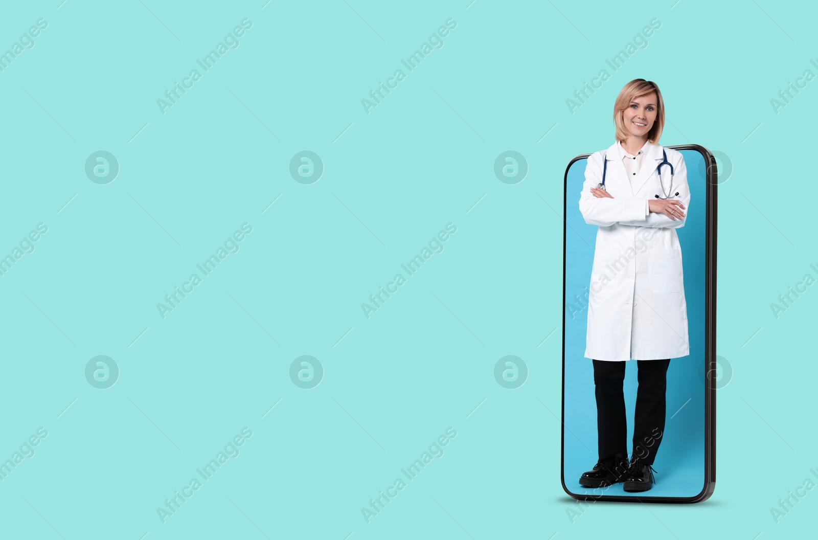 Image of Online medical consultation. Doctor on smartphone screen against turquoise background, space for text