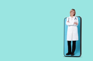 Image of Online medical consultation. Doctor on smartphone screen against turquoise background, space for text