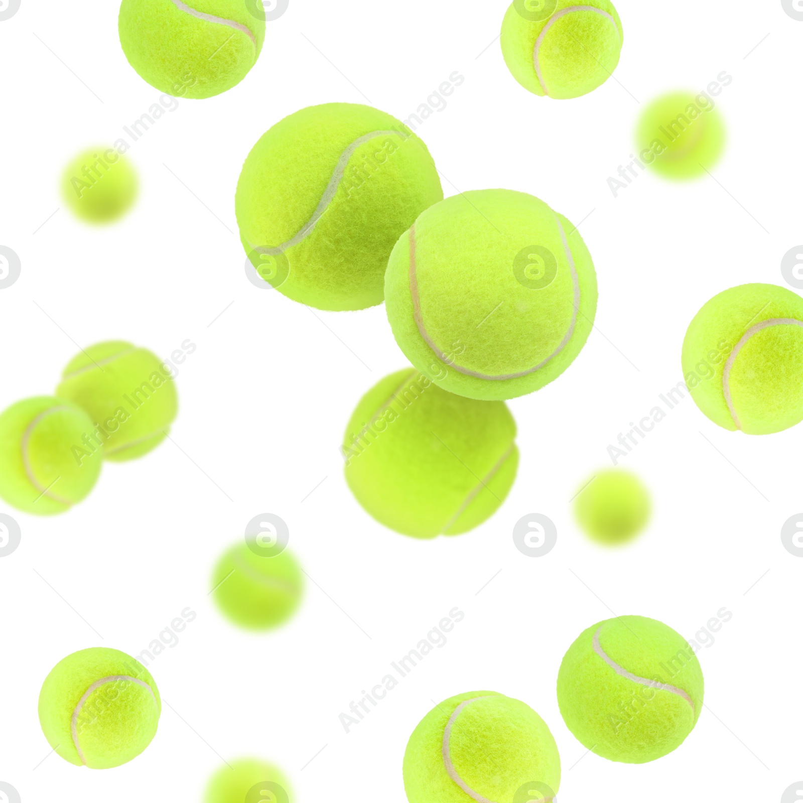 Image of Many bright tennis balls in air on white background