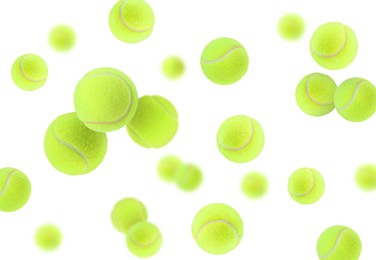 Image of Many bright tennis balls in air on white background