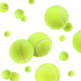 Image of Many bright tennis balls in air on white background