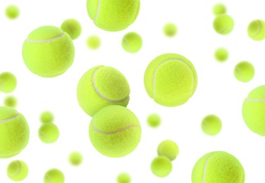 Image of Many bright tennis balls in air on white background