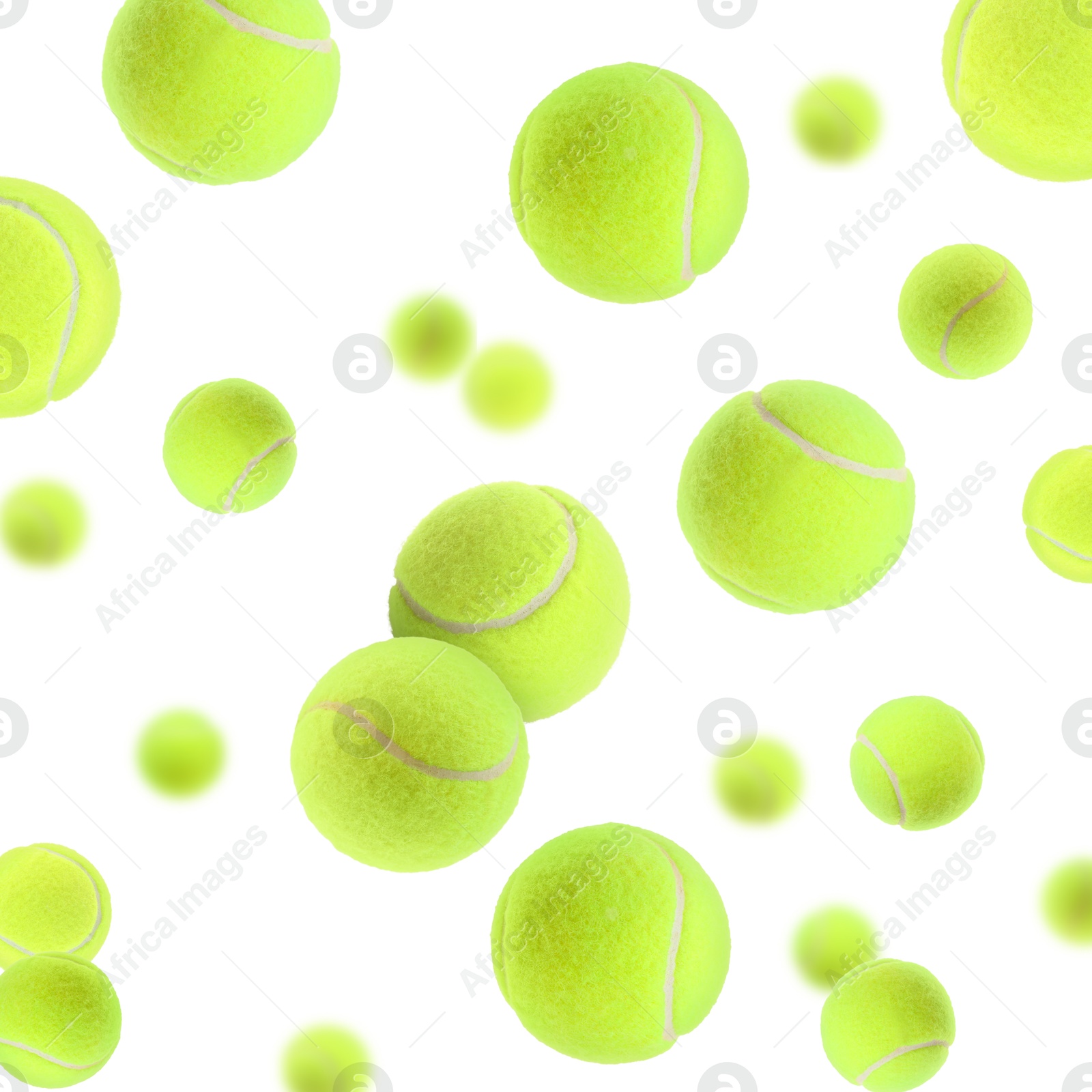 Image of Many bright tennis balls in air on white background