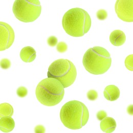 Image of Many bright tennis balls in air on white background