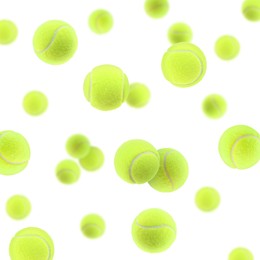 Image of Many bright tennis balls in air on white background