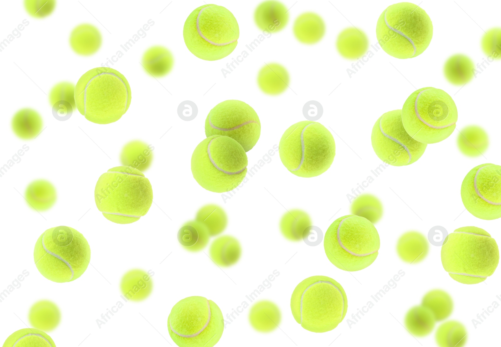 Image of Many bright tennis balls in air on white background