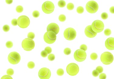 Image of Many bright tennis balls in air on white background