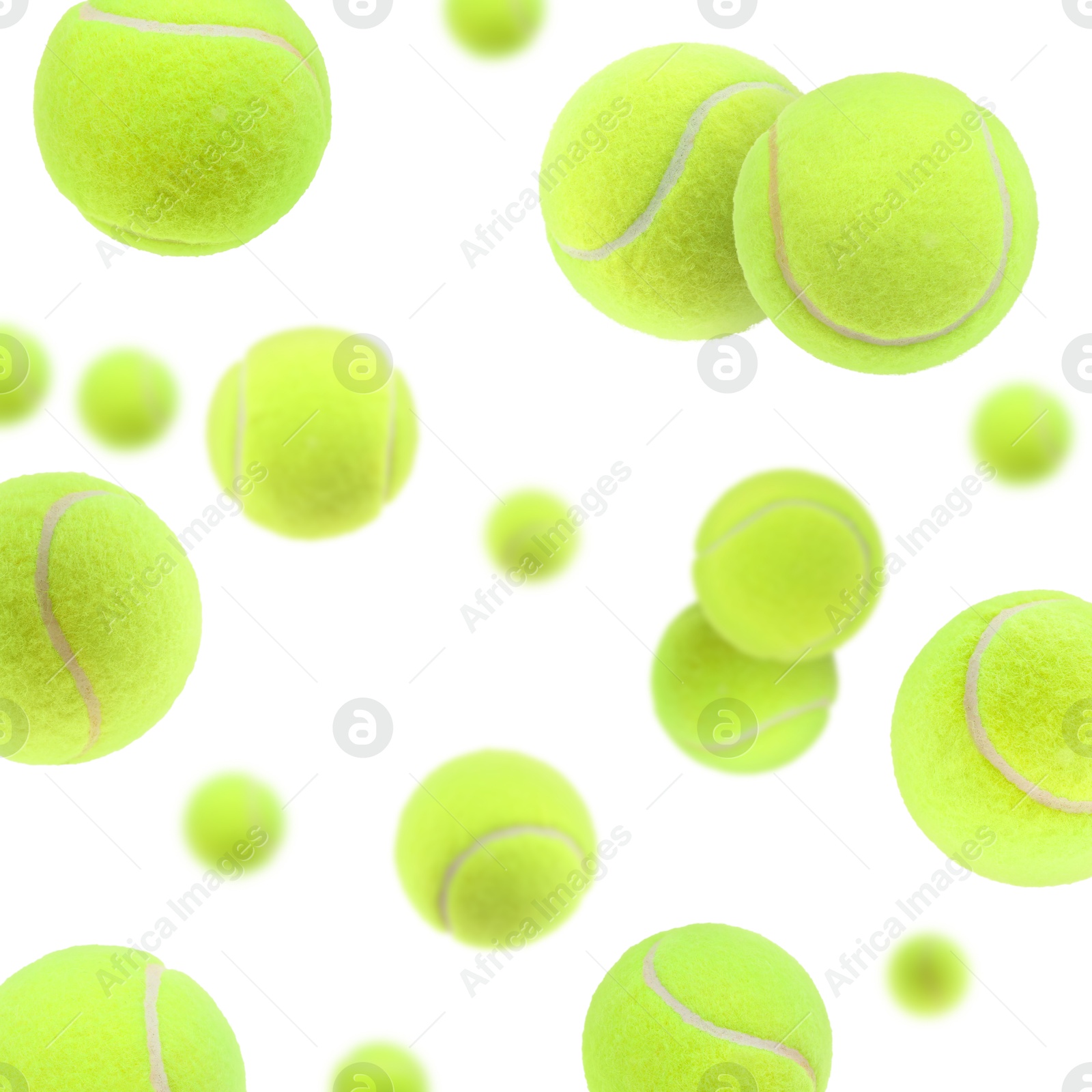 Image of Many bright tennis balls in air on white background