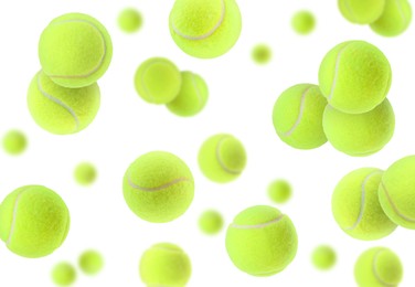 Image of Many bright tennis balls in air on white background