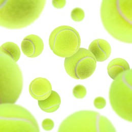 Image of Many bright tennis balls in air on white background