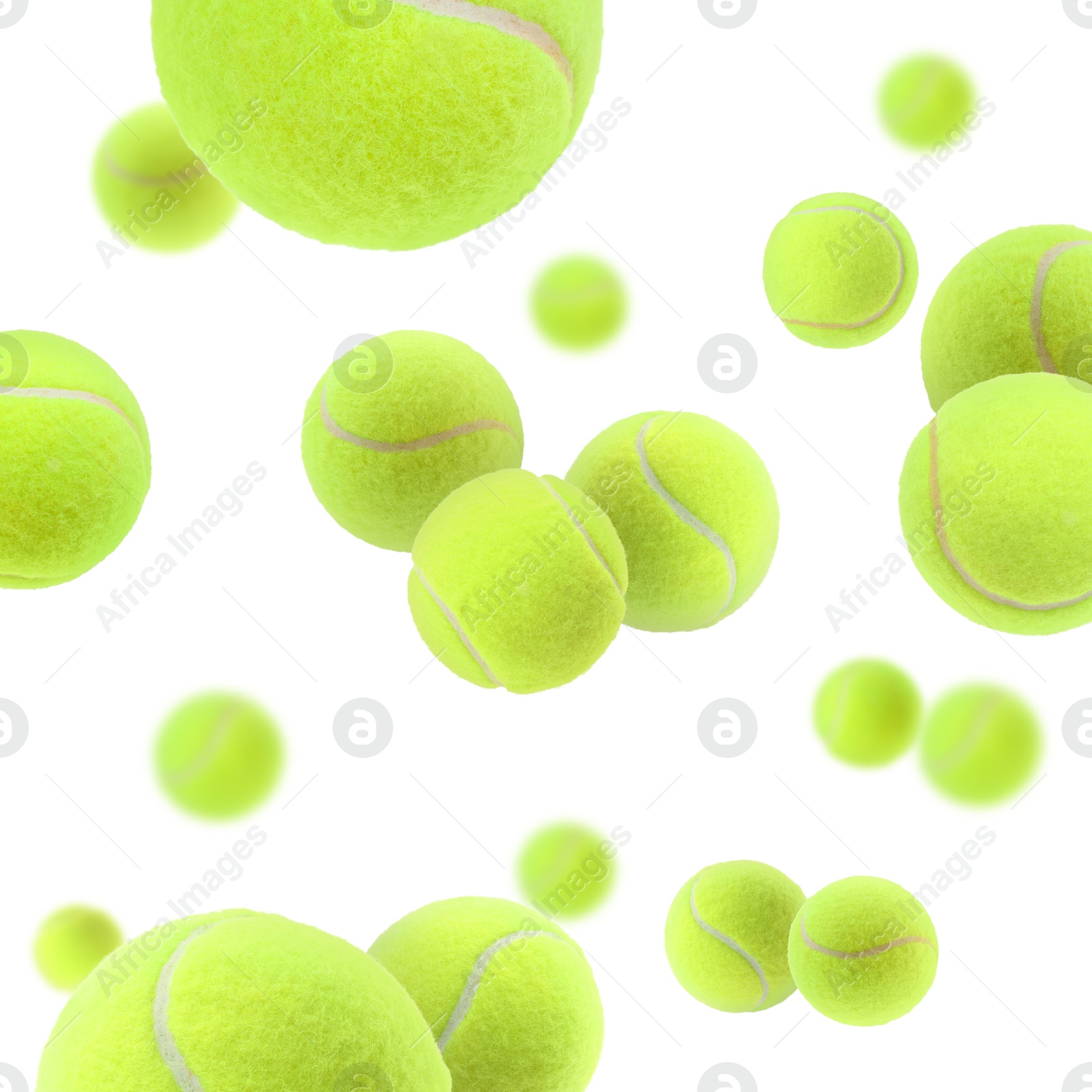 Image of Many bright tennis balls in air on white background