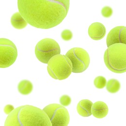 Image of Many bright tennis balls in air on white background