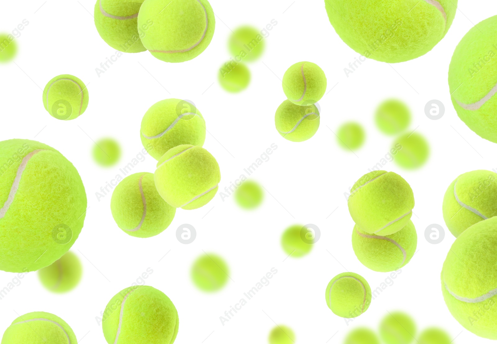 Image of Many bright tennis balls in air on white background