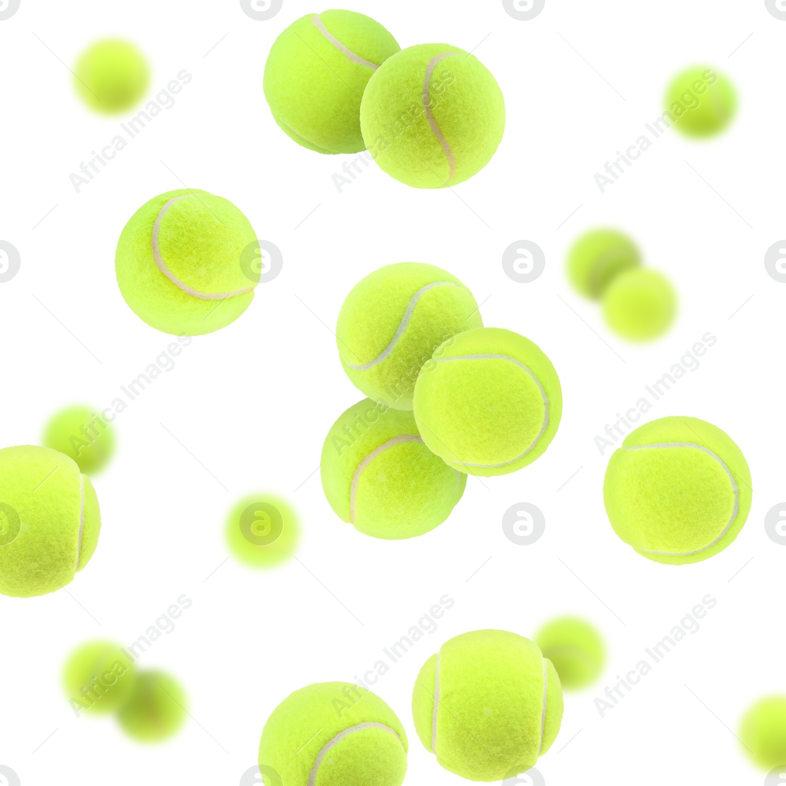 Image of Many bright tennis balls in air on white background